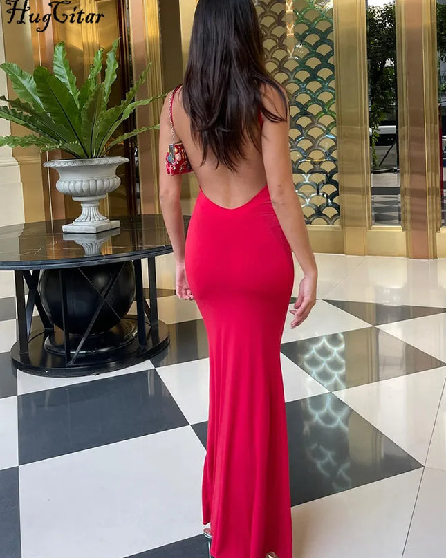 Hugcitar 2024 Spring Solid Sleeveless Backless Elegant Sexy Bodycon Y2K Maxi Prom Dress Women Clothes Birthday Party Casual Y2K