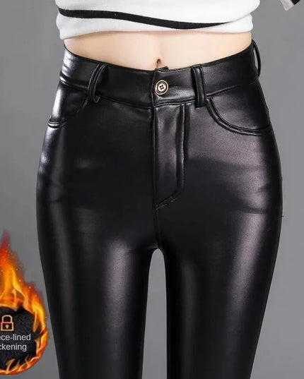 Cashmere PU Leather Pants Women's Autumn/Winter 2024 Thickened and Fleece High-Waisted Slim Fit Tight Warm Pants Leggings Black