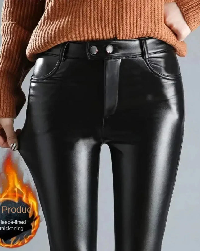 Cashmere PU Leather Pants Women's Autumn/Winter 2024 Thickened and Fleece High-Waisted Slim Fit Tight Warm Pants Leggings Black