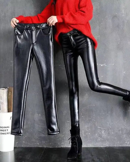Cashmere PU Leather Pants Women's Autumn/Winter 2024 Thickened and Fleece High-Waisted Slim Fit Tight Warm Pants Leggings Black