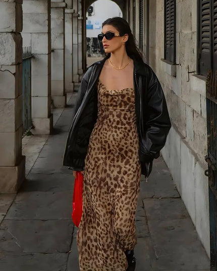 Vintage Leopard Print Sexy Cami Dress Women V Neck Sleeveless Party Dress Fashion 2024 Summer Streetwear Dress