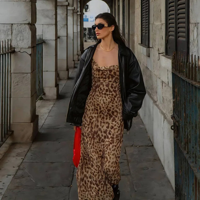 Vintage Leopard Print Sexy Cami Dress Women V Neck Sleeveless Party Dress Fashion 2024 Summer Streetwear Dress