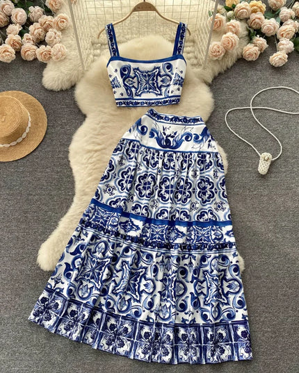 JAMERARY Summer Runway Blue And White Porcelain Two Piece Set Women Flower Print Short Crop Top + Holiday Beach Maxi Skirt Suits