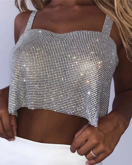 Bling Rhinestones Party Crop Top 2023 Fashion Solid Backless Straps Full Diamonds Sequins Cami Cropped Top for Women