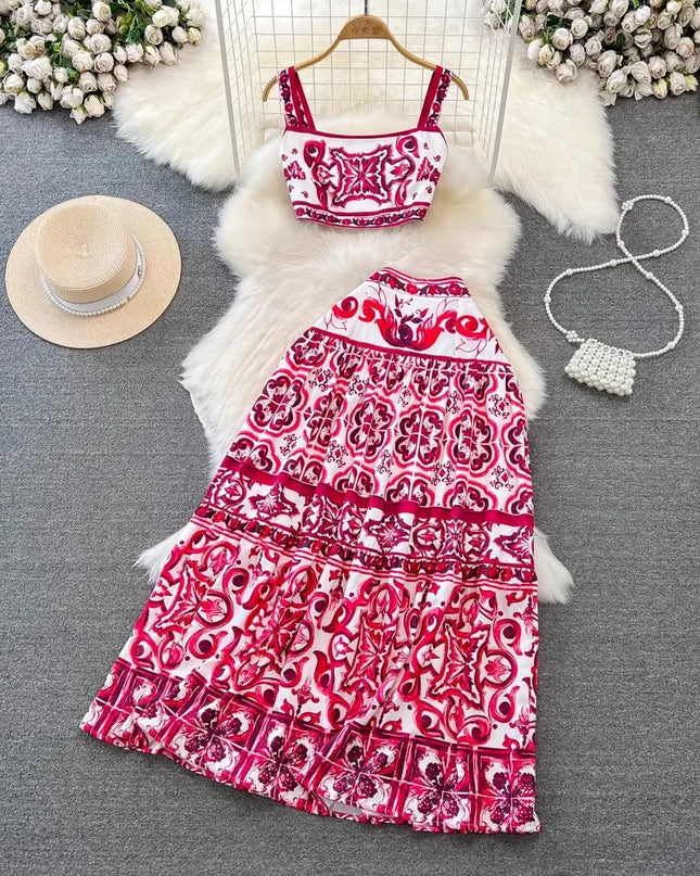 JAMERARY Summer Runway Blue And White Porcelain Two Piece Set Women Flower Print Short Crop Top + Holiday Beach Maxi Skirt Suits