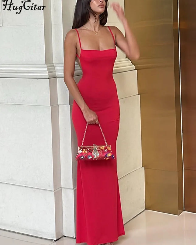 Hugcitar 2024 Spring Solid Sleeveless Backless Elegant Sexy Bodycon Y2K Maxi Prom Dress Women Clothes Birthday Party Casual Y2K