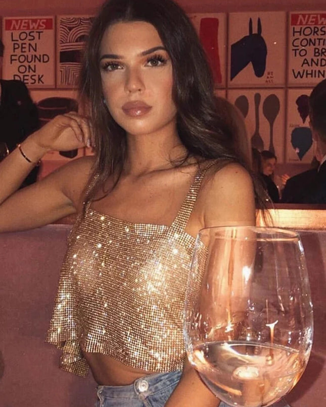 Bling Rhinestones Party Crop Top 2023 Fashion Solid Backless Straps Full Diamonds Sequins Cami Cropped Top for Women