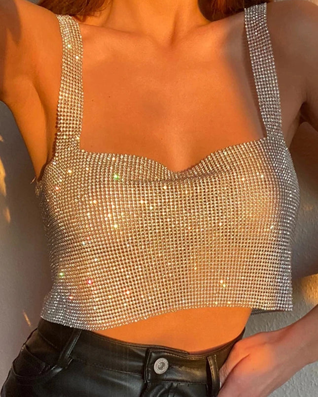 Bling Rhinestones Party Crop Top 2023 Fashion Solid Backless Straps Full Diamonds Sequins Cami Cropped Top for Women