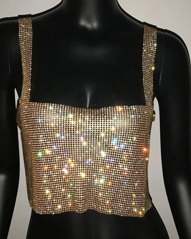 Bling Rhinestones Party Crop Top 2023 Fashion Solid Backless Straps Full Diamonds Sequins Cami Cropped Top for Women