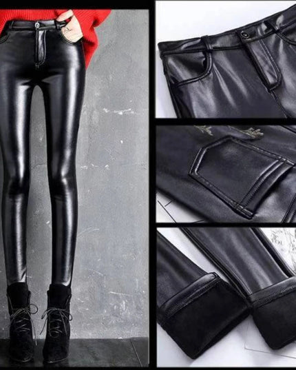 Cashmere PU Leather Pants Women's Autumn/Winter 2024 Thickened and Fleece High-Waisted Slim Fit Tight Warm Pants Leggings Black