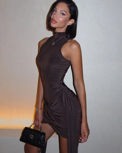 Mozision Turtleneck Sleeveless Sexy Mini Dress For Women Fashion Irregular Ruched Tank Dress Femme Elegant Club Party Dress