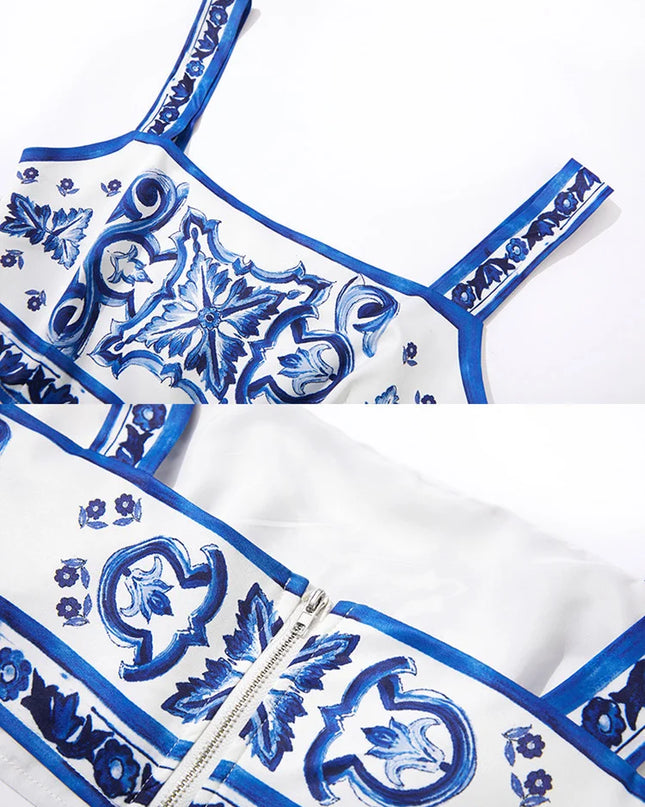 JAMERARY Summer Runway Blue And White Porcelain Two Piece Set Women Flower Print Short Crop Top + Holiday Beach Maxi Skirt Suits
