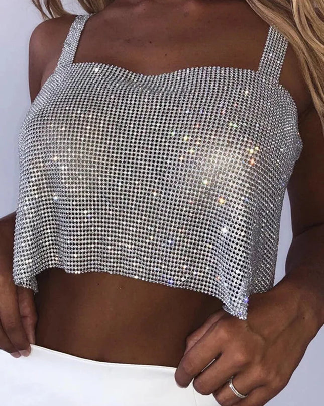 Bling Rhinestones Party Crop Top 2023 Fashion Solid Backless Straps Full Diamonds Sequins Cami Cropped Top for Women