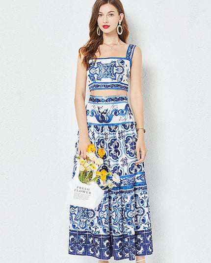 JAMERARY Summer Runway Blue And White Porcelain Two Piece Set Women Flower Print Short Crop Top + Holiday Beach Maxi Skirt Suits