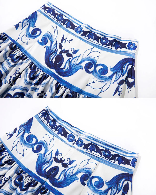 JAMERARY Summer Runway Blue And White Porcelain Two Piece Set Women Flower Print Short Crop Top + Holiday Beach Maxi Skirt Suits
