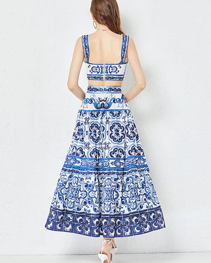JAMERARY Summer Runway Blue And White Porcelain Two Piece Set Women Flower Print Short Crop Top + Holiday Beach Maxi Skirt Suits