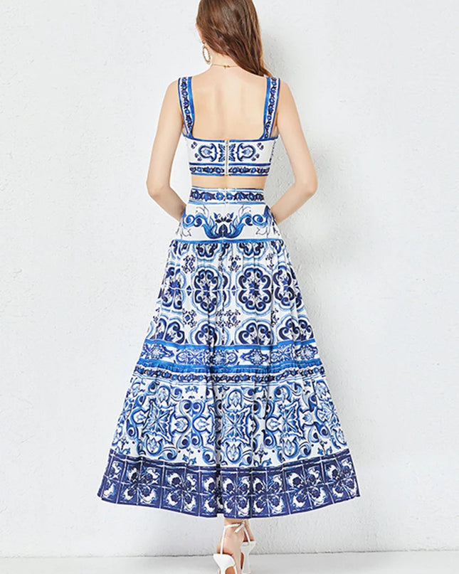 JAMERARY Summer Runway Blue And White Porcelain Two Piece Set Women Flower Print Short Crop Top + Holiday Beach Maxi Skirt Suits