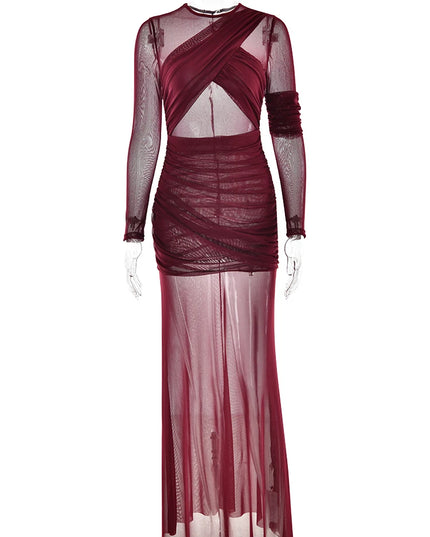 Articat Elegant Mesh Patchwork Long Sleeve Bodycon Party Club Evening Dress Sexy Double Layer Perspective Vestido Autum Clothing