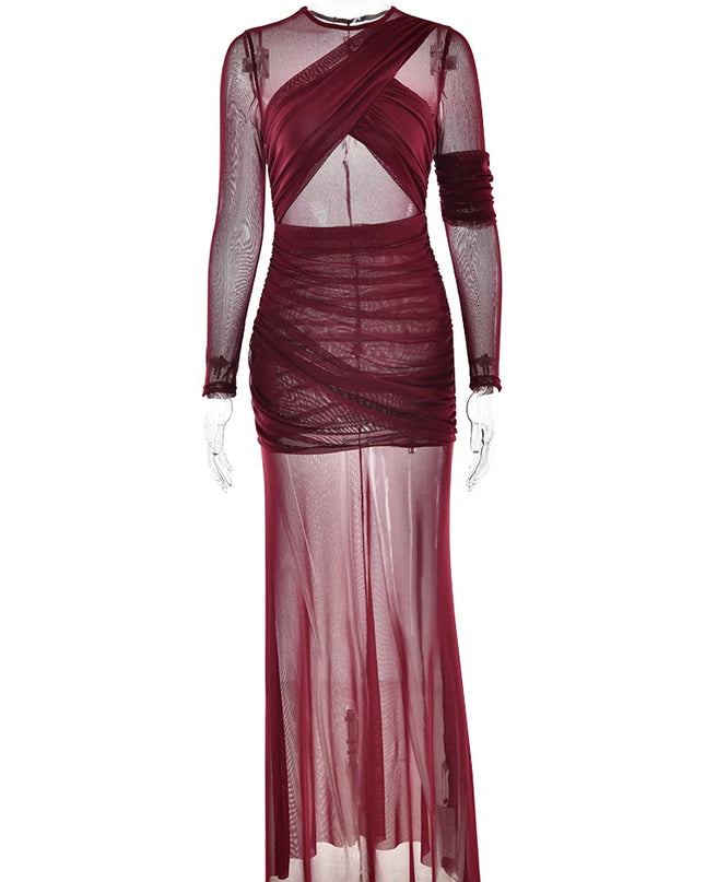 Articat Elegant Mesh Patchwork Long Sleeve Bodycon Party Club Evening Dress Sexy Double Layer Perspective Vestido Autum Clothing