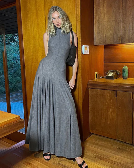 Elegant Deep Backless Slim Maxi Dress Women Turtleneck Sleeveless Bodycon Long Dress Sexy Club Party Holiday Evening Vestidos