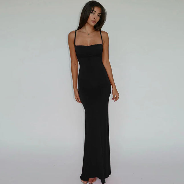 Hugcitar 2024 Spring Solid Sleeveless Backless Elegant Sexy Bodycon Y2K Maxi Prom Dress Women Clothes Birthday Party Casual Y2K