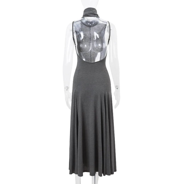 Elegant Deep Backless Slim Maxi Dress Women Turtleneck Sleeveless Bodycon Long Dress Sexy Club Party Holiday Evening Vestidos