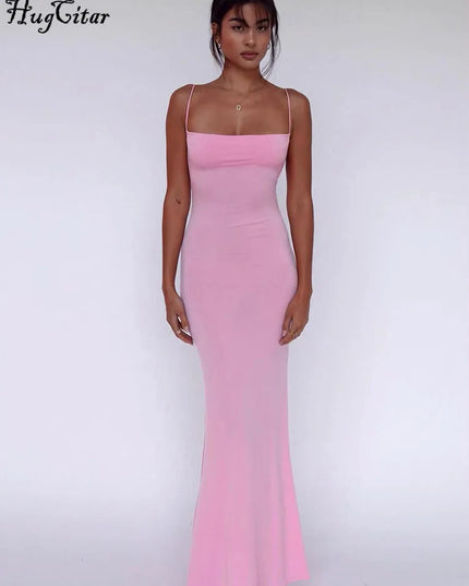 Hugcitar 2024 Spring Solid Sleeveless Backless Elegant Sexy Bodycon Y2K Maxi Prom Dress Women Clothes Birthday Party Casual Y2K